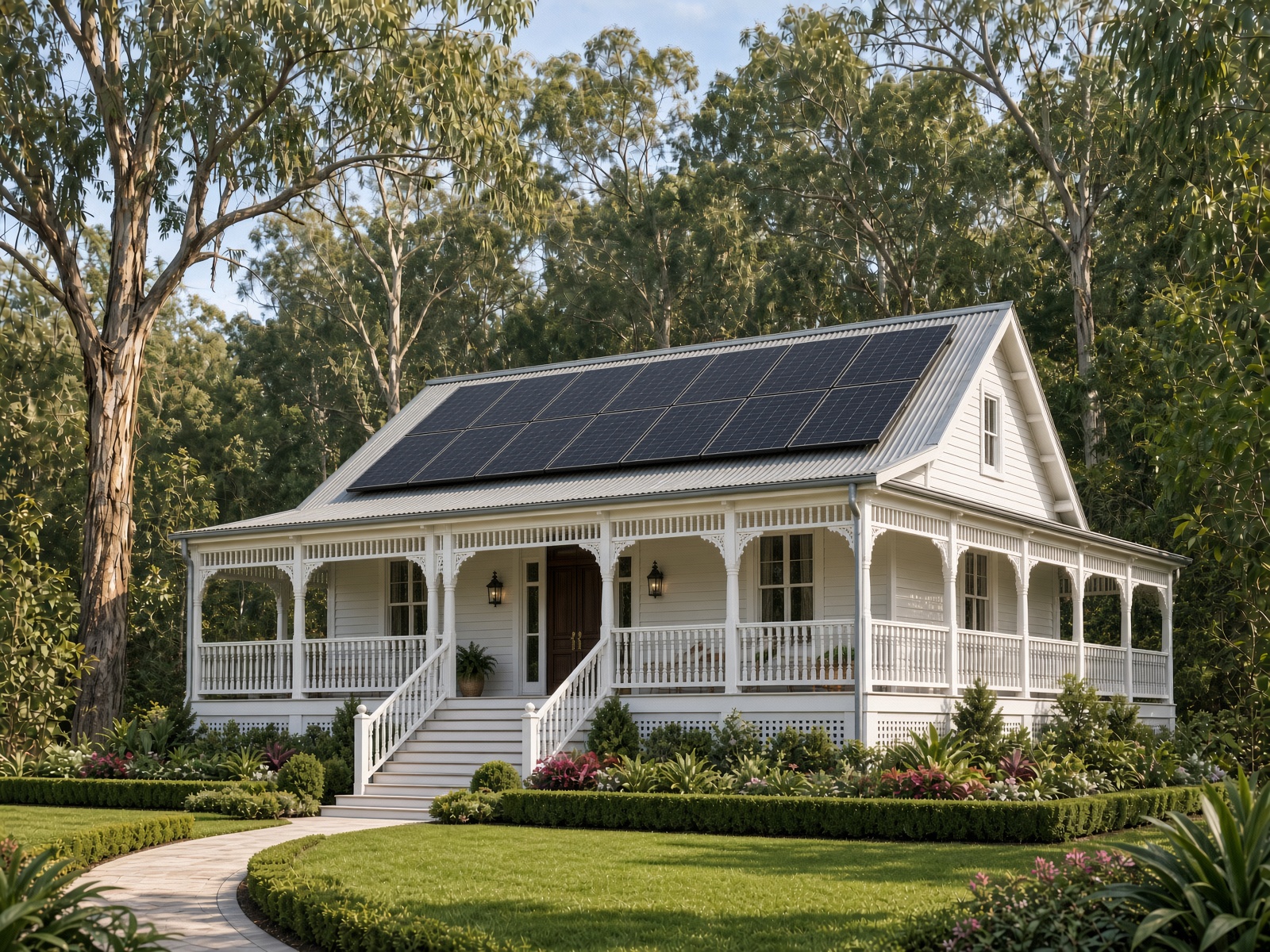 Solar panels on a grand white Queenslander with a landscaped garden