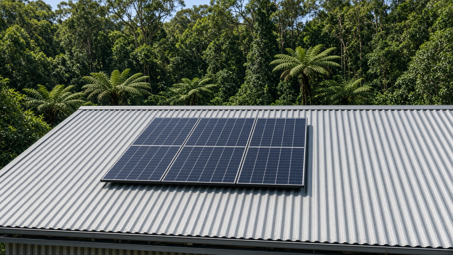 Sunlit solar panels on a zincalume roof beside rainforest
